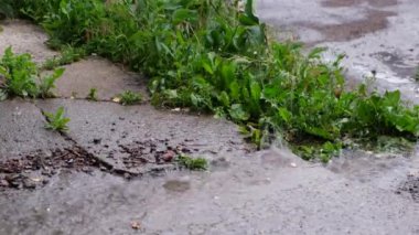 Şehrin kaldırımındaki su birikintisine yağmur damlaları..