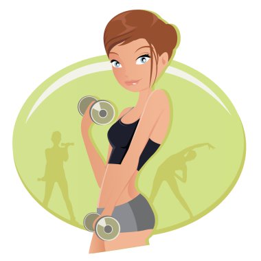 Illustration of a fitness woman working out with dumbbells in gym