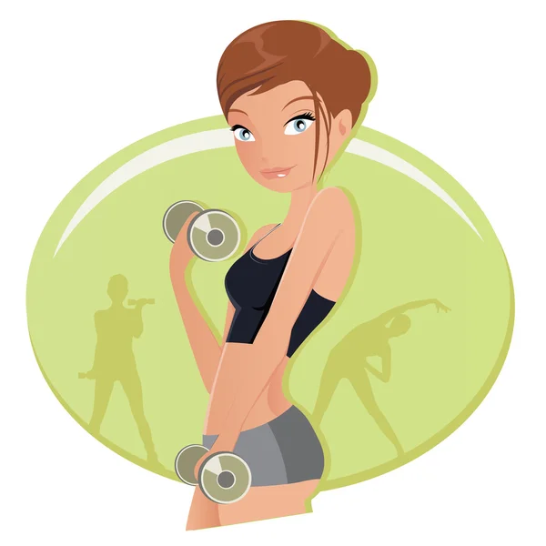 Illustrazione di una donna fitness che lavora con i manubri in palestra — Vettoriale Stock