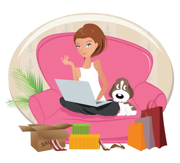 Mujer feliz de compras en línea .Internet Shopping — Vector de stock