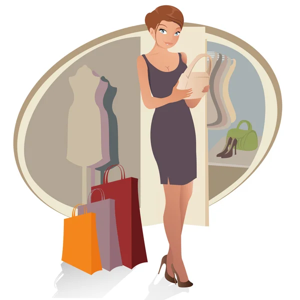 Hermosa mujer con bolsas de compras — Vector de stock