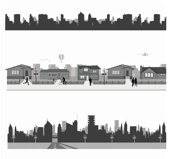 Vorstadthäuser und Stadtsilhouette — Stockvektor