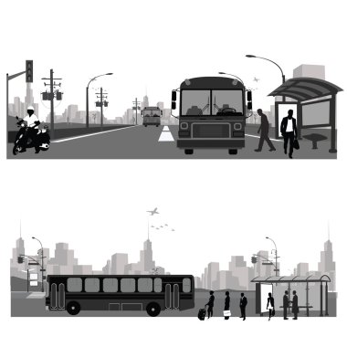 Vektör çizim: Otobüs istasyonu. Toplu taşıma