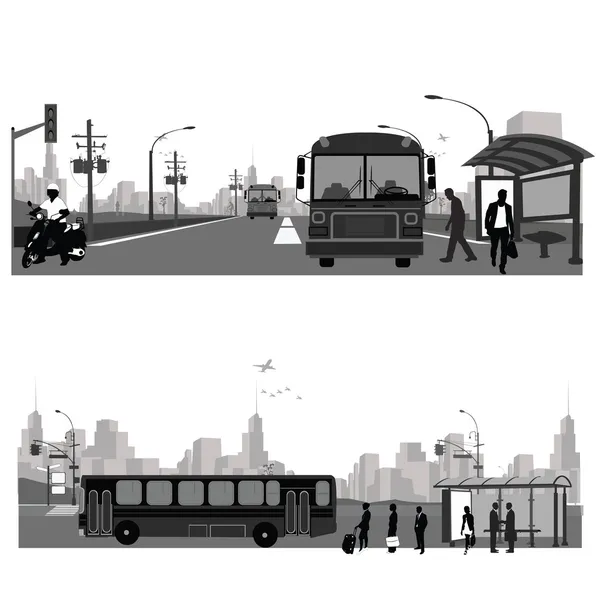 Vektor Illustration: Busstation. Kollektivtrafik — Stock vektor