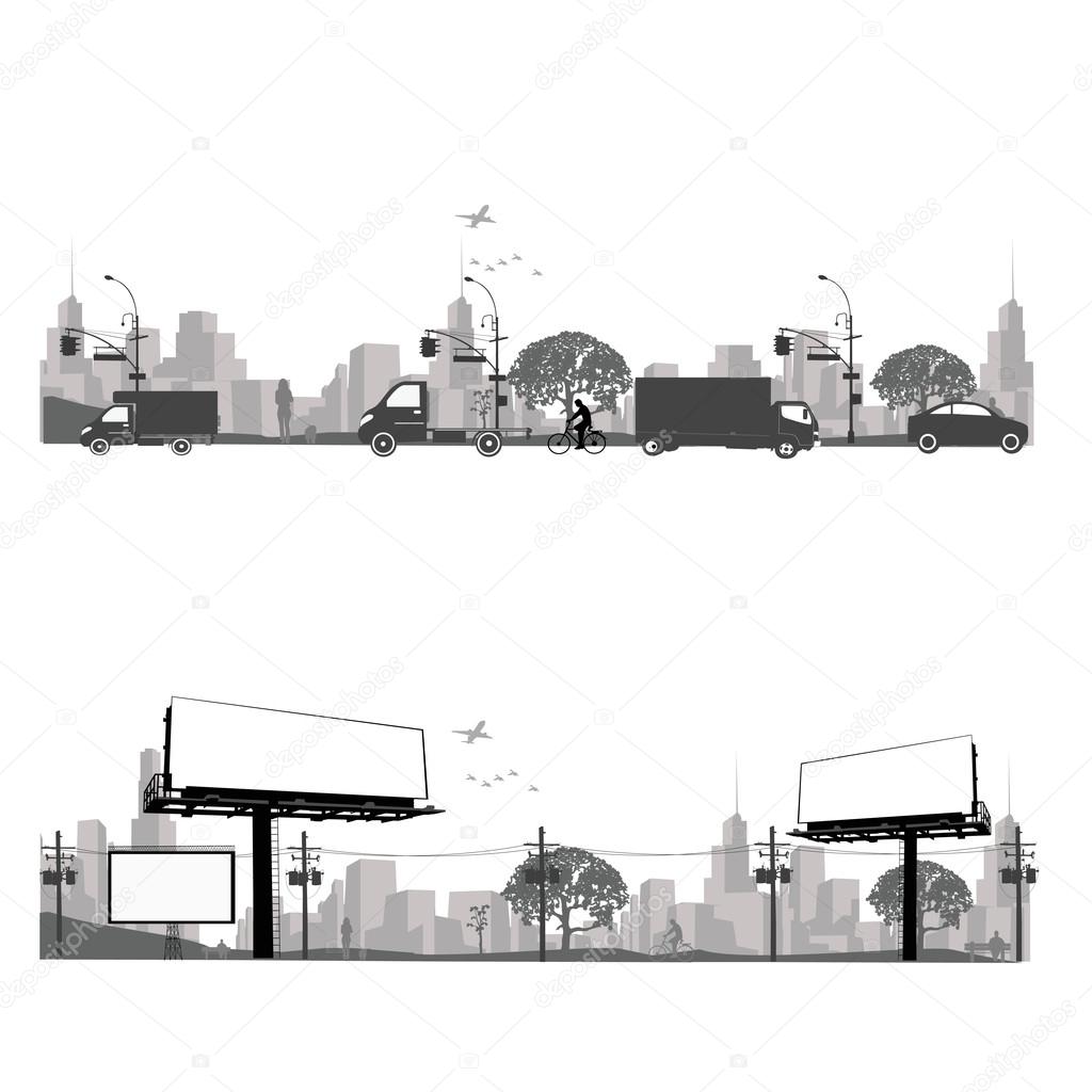 Vector illustration.Outdoor Billboard and city traffic