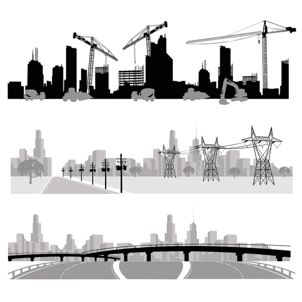 Construction, distribution d'énergie et silhouette d'autoroute — Image vectorielle