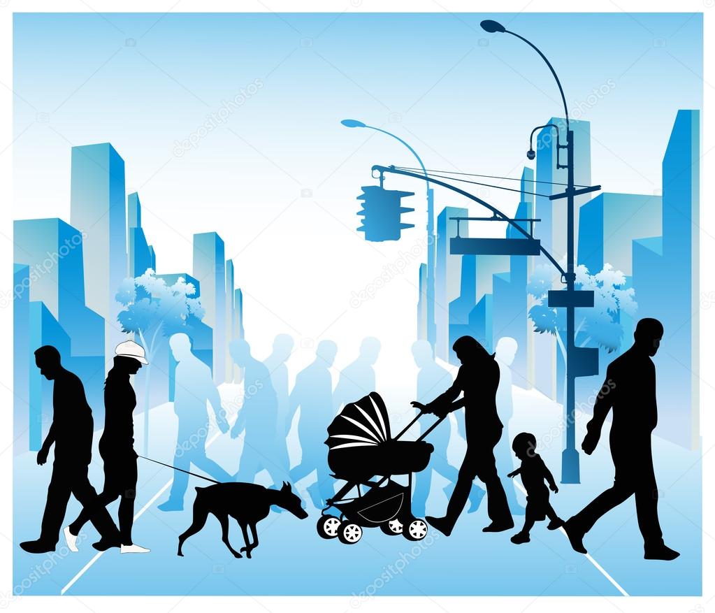 Vector illustration of various walking through a city