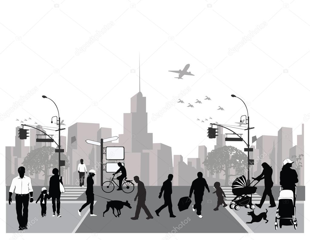 Vector illustration.Rush city street.Crowd of walking on a street.
