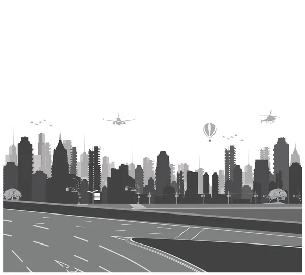 Vektorillustration.Skyline der Stadt und Silhouette der Autobahn — Stockvektor