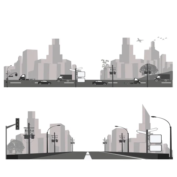 Illustrazione vettoriale.skyline della città e silhouette dell'autostrada — Vettoriale Stock