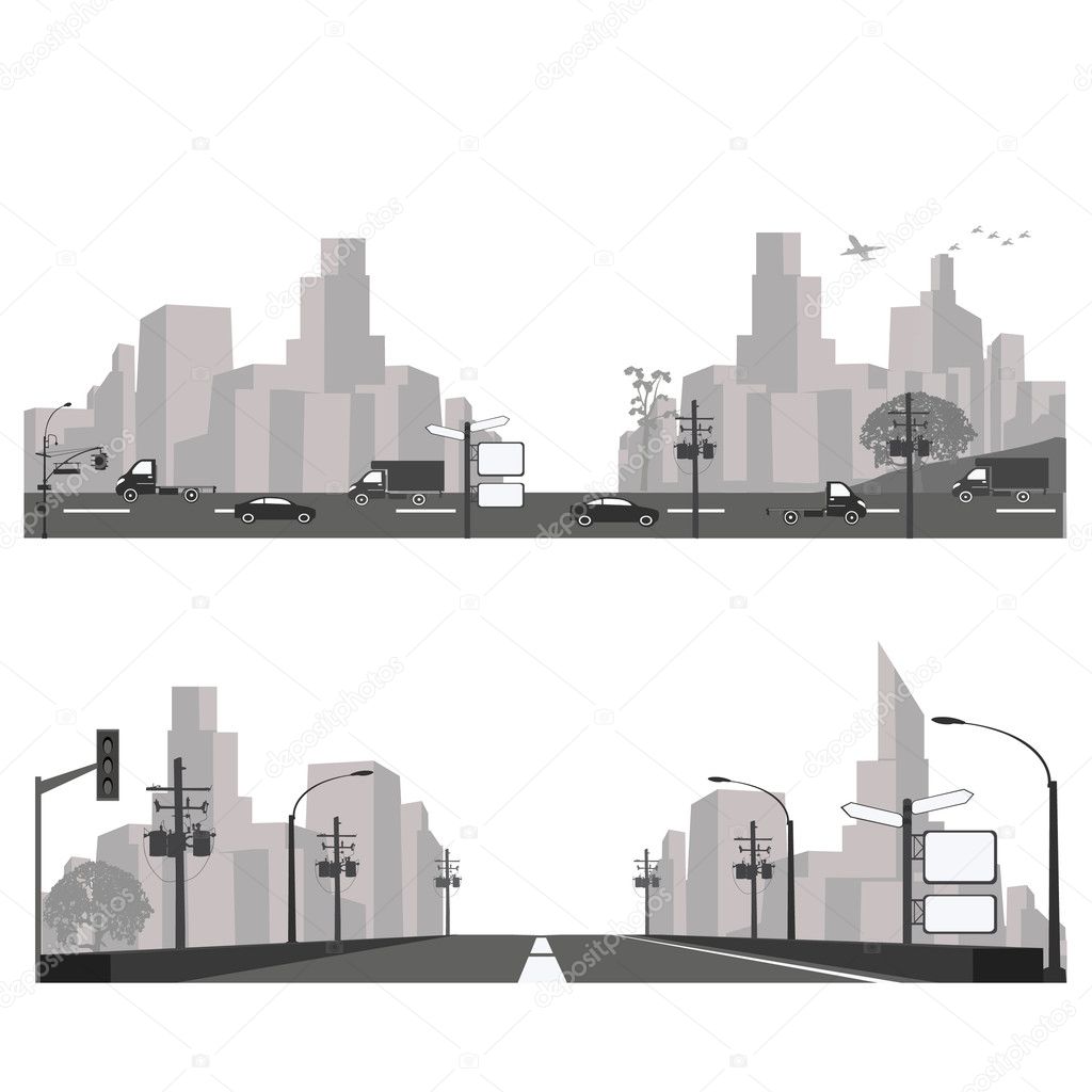 Vector illustration.City skyline and highway silhouette
