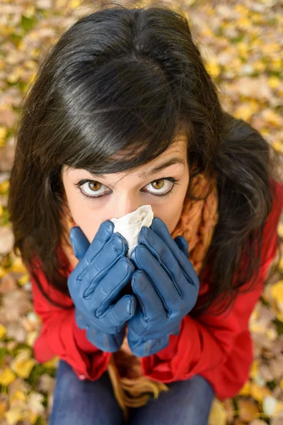 Sad woman in autumn flu and cold — Stock Photo, Image