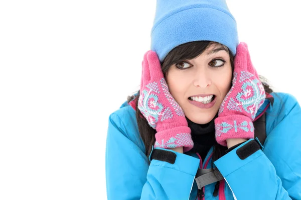 Rosto de caminhante feminino frio — Fotografia de Stock
