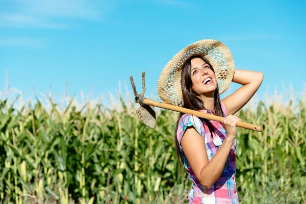 Šťastné ženy farmář v kukuřičném poli — Stock fotografie