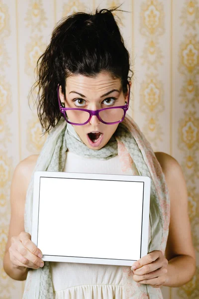 Woman showing touchpad blank screen — Stock Photo, Image