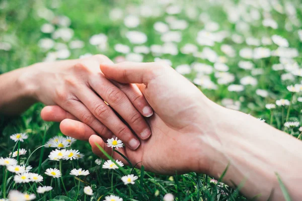 Romantic lovers touching hands on spring flowers — Stock Photo, Image