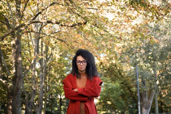 Retrato Mulher Negra Elegante Usando Óculos Livre Parque Cidade Conceito — Fotografia de Stock