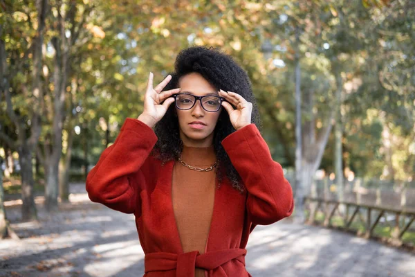 Portret Stylowej Czarnej Kobiety Noszącej Okulary Świeżym Powietrzu Parku Miejskim Zdjęcie Stockowe