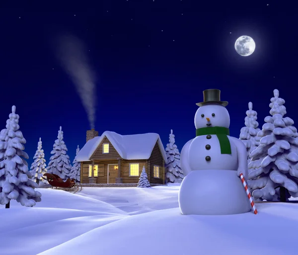 Un cène de neige sur le thème de Noël montrant bonhomme de neige, cabine et traîneau à neige la nuit — Photo