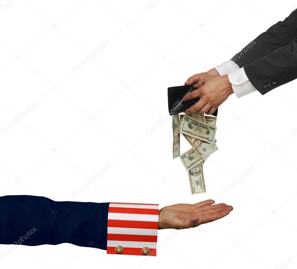 Uncle Sam's arm with palm up on white background