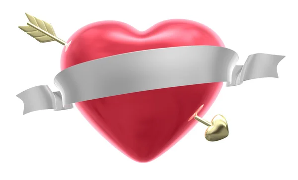 Representación en 3D de un corazón y flecha con etiqueta en blanco sobre un fondo blanco — Foto de Stock