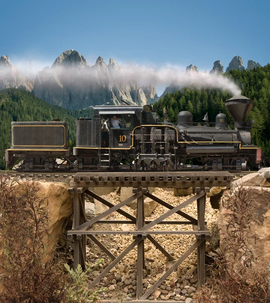 Locomotief over brug — Stockfoto