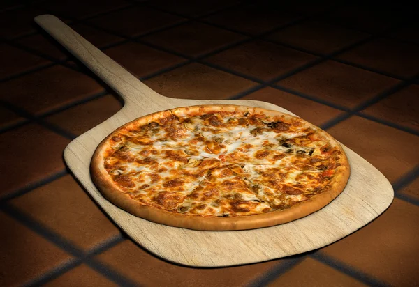 Πίτσα για ένα ξύλινο φλοιό — Φωτογραφία Αρχείου