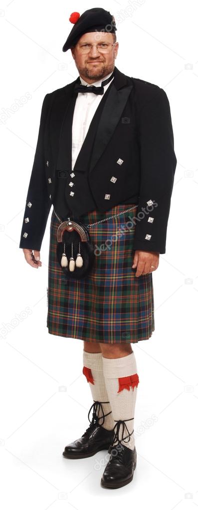 Highlander in Kilt on White