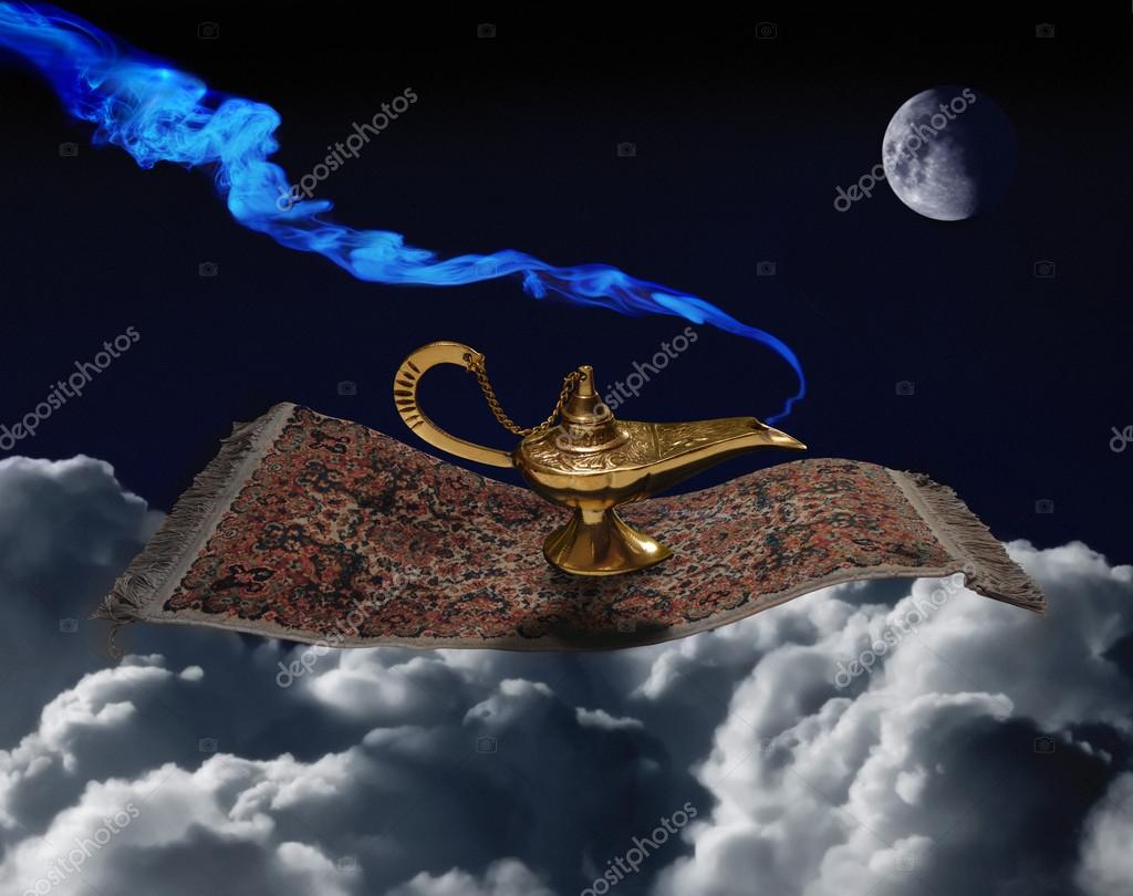 Lampada Aladino sul tappeto magico - Foto Stock: Foto, Immagini