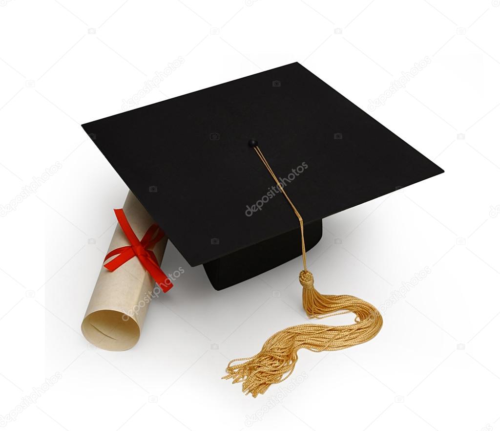 mortar board & diploma on white