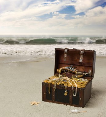 Treasure chest on the beach of the island clipart