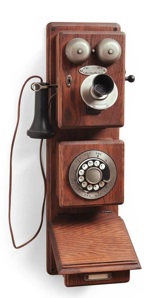 Старый деревянный телефон на белом — стоковое фото