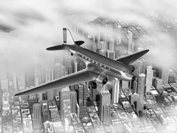 DC-3 over stad — Stockfoto