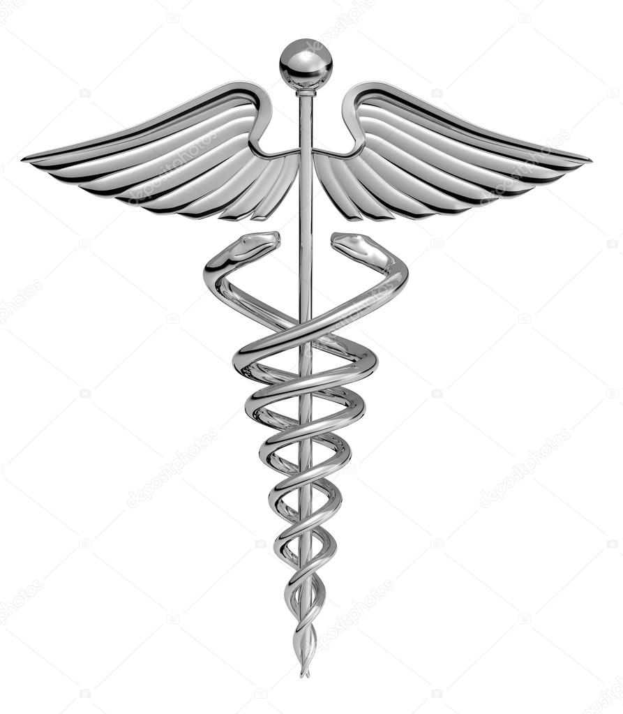 A photo of a chrome caduceus over a white background
