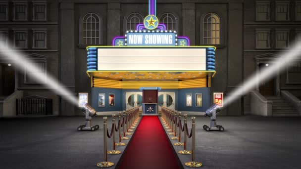 Açılış Gecesinde Bir Tiyatro Afişi Kırmızı Halı Önünde Sahne Işıkları — Stok video