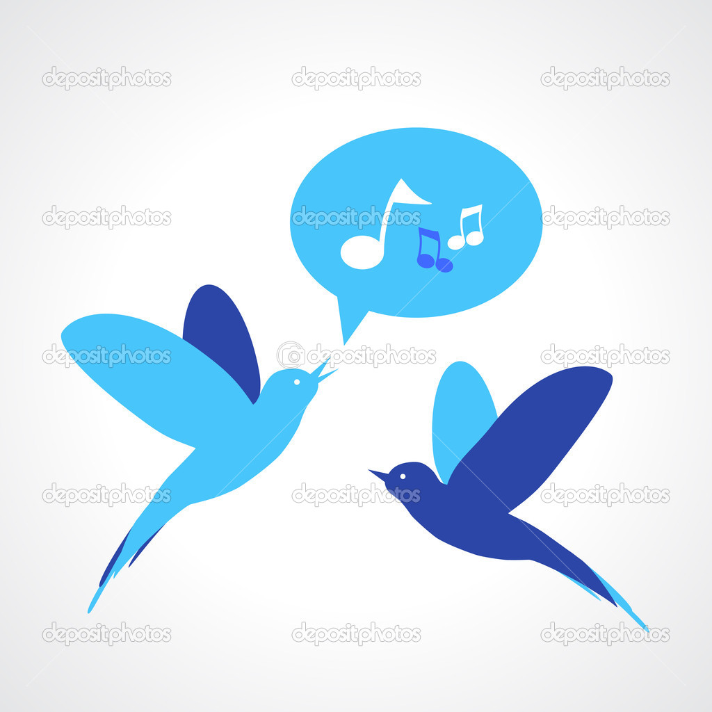 Two blue birds, one singing