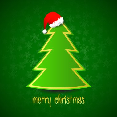 Yeşil snowflak üzerine kırmızı santa şapka ile yeşil vektör Noel ağacı