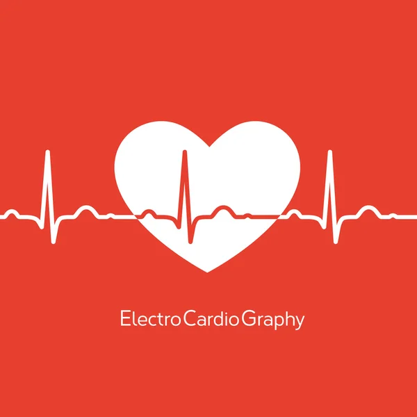 Design medical - inima alba cu cardiograma pe fundal rosu — Vector de stoc