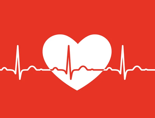 Corazón blanco con símbolo de ekg sobre fondo rojo - diseño médico — Vector de stock