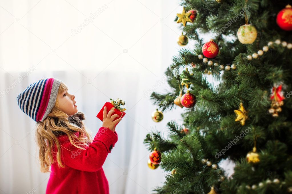 Girl near christmas tree, Merry christmas, happy New Year