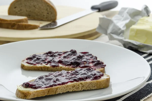 Breakfast with jam sandwich — Stock Photo, Image