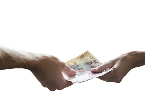 Las manos intercambian dinero en euros — Foto de Stock