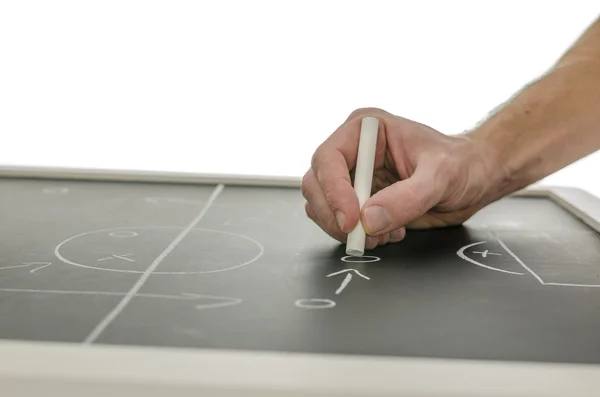 Zijaanzicht van een hand schrijven een spelstrategie voetbal — Stockfoto