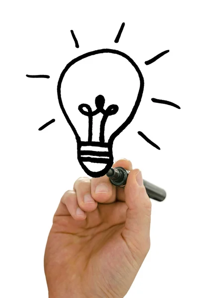 Male hand drawing light bulb on virtual screen — Stock Photo, Image