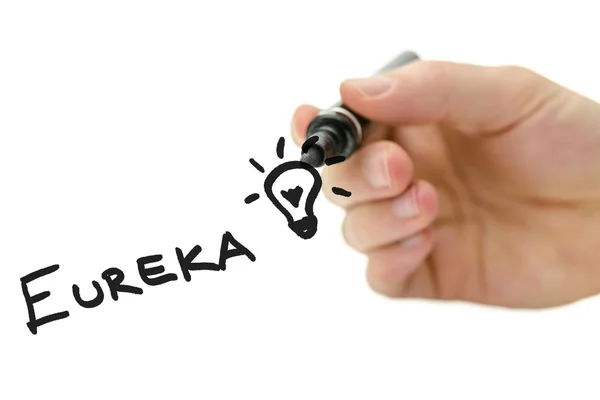 Erkek el Eureka yazma sanal bir ekranda — Stok fotoğraf