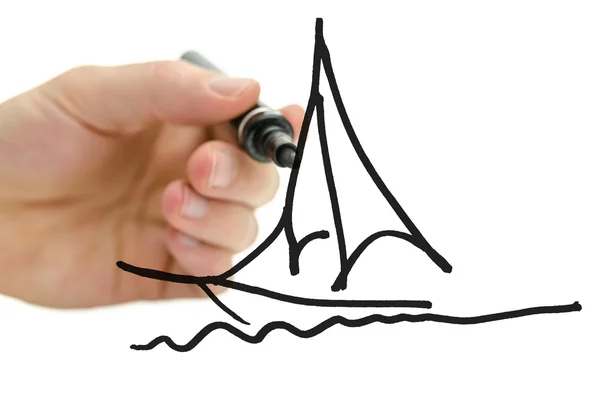 Mão masculina desenho barco em uma tela virtual — Fotografia de Stock