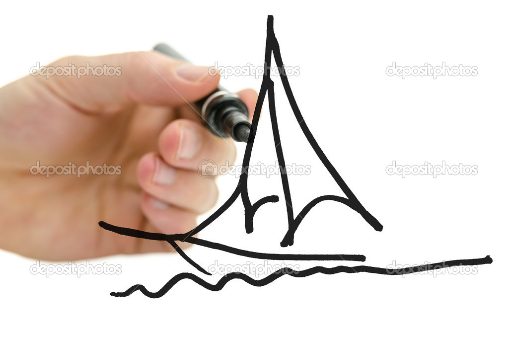 Male hand drawing boat on a virtual screen