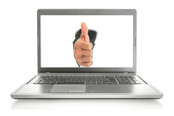 Thumbs up sign through laptop screen — Stock Photo, Image