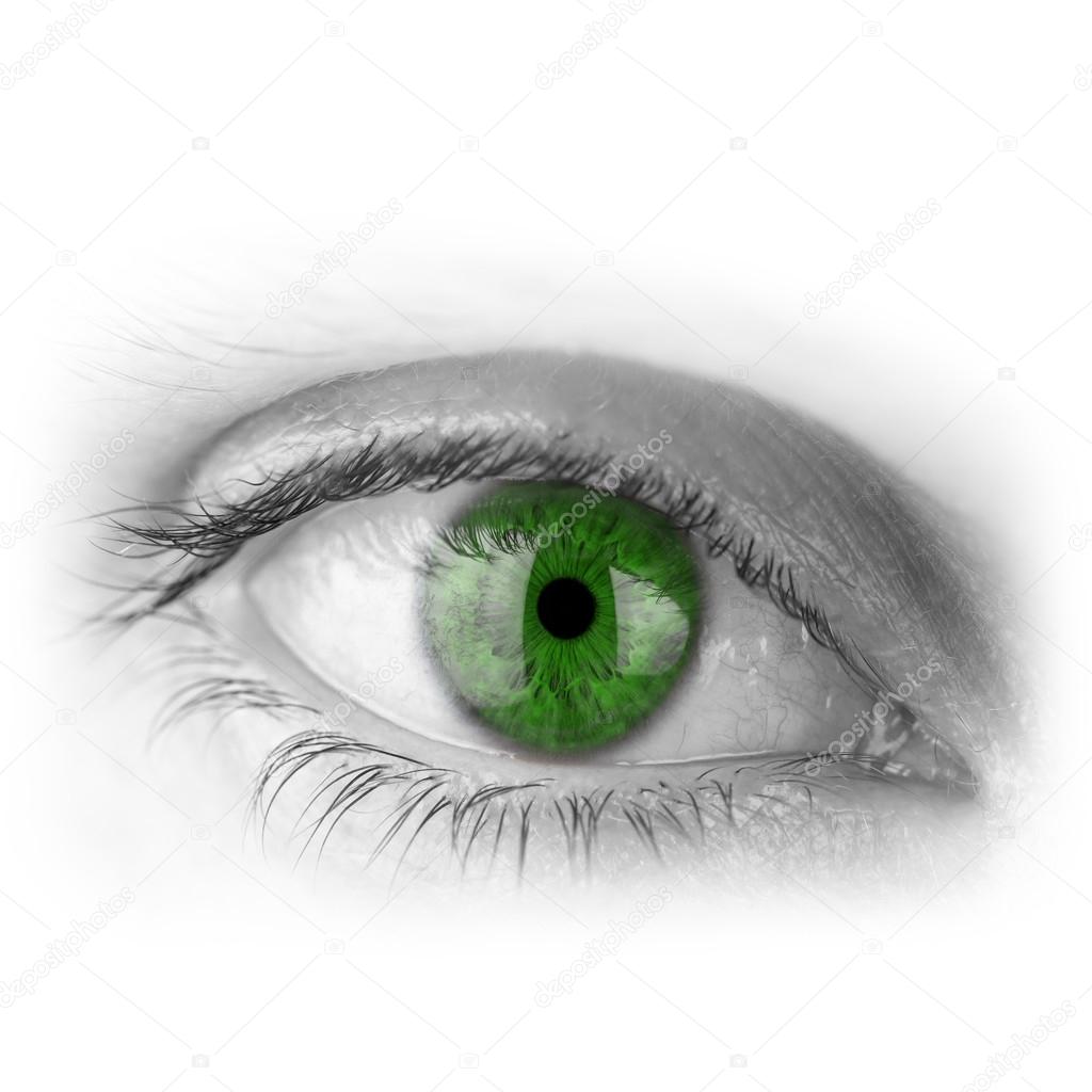 Human eye with green pupil