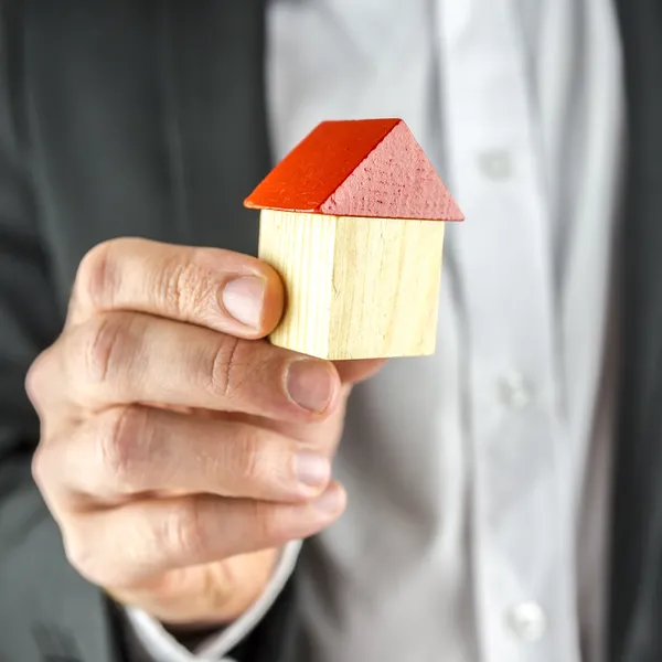 Mostrando una casa in legno con tetto rosso — Foto Stock